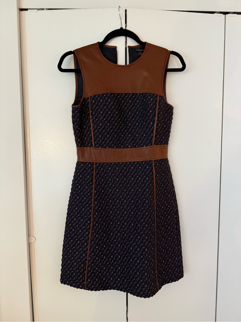 New/Never Worn Theory Navy Tweed Mini Dress with Brown Faux-Leather Trim